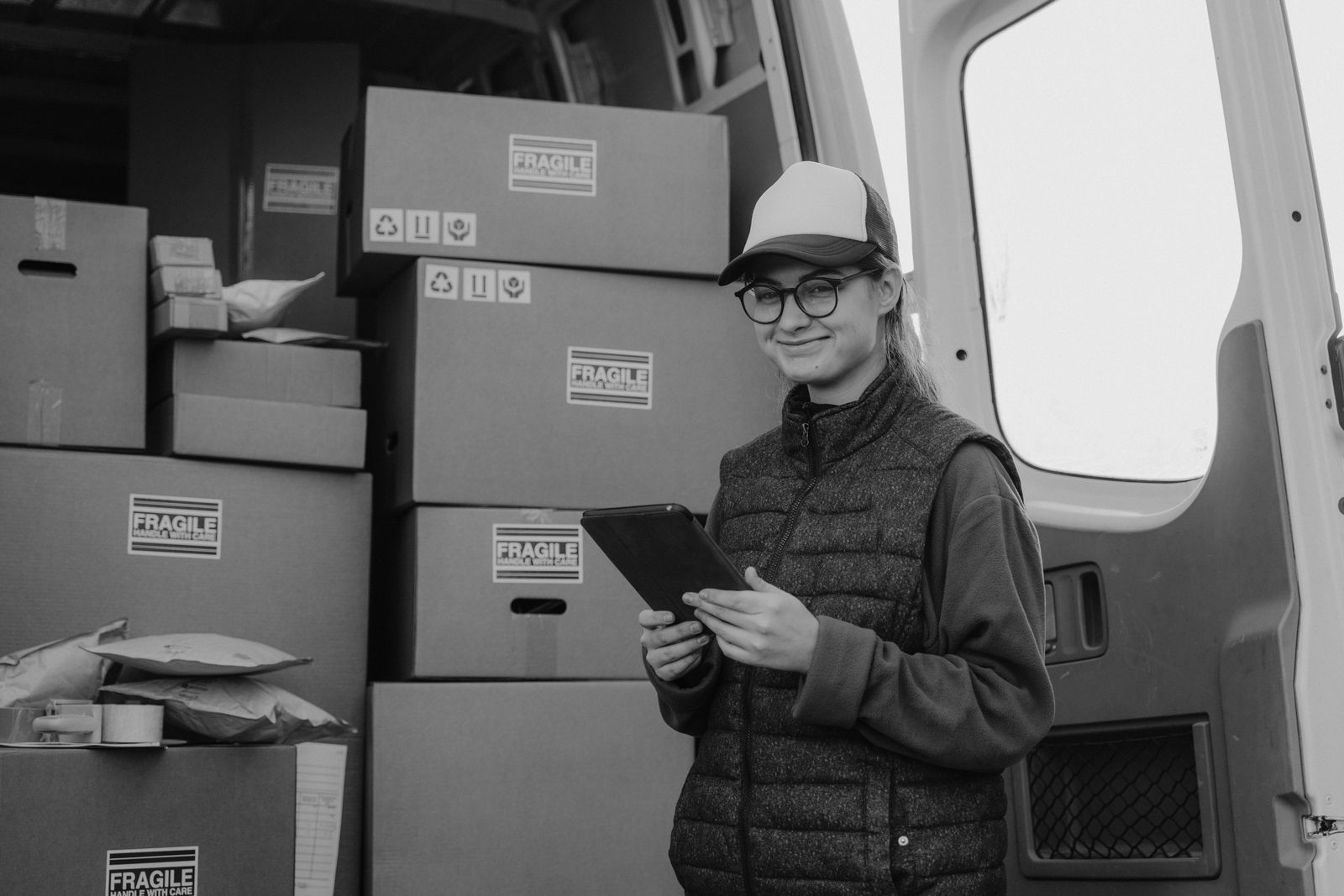 Team member with a tablet beside a loaded van